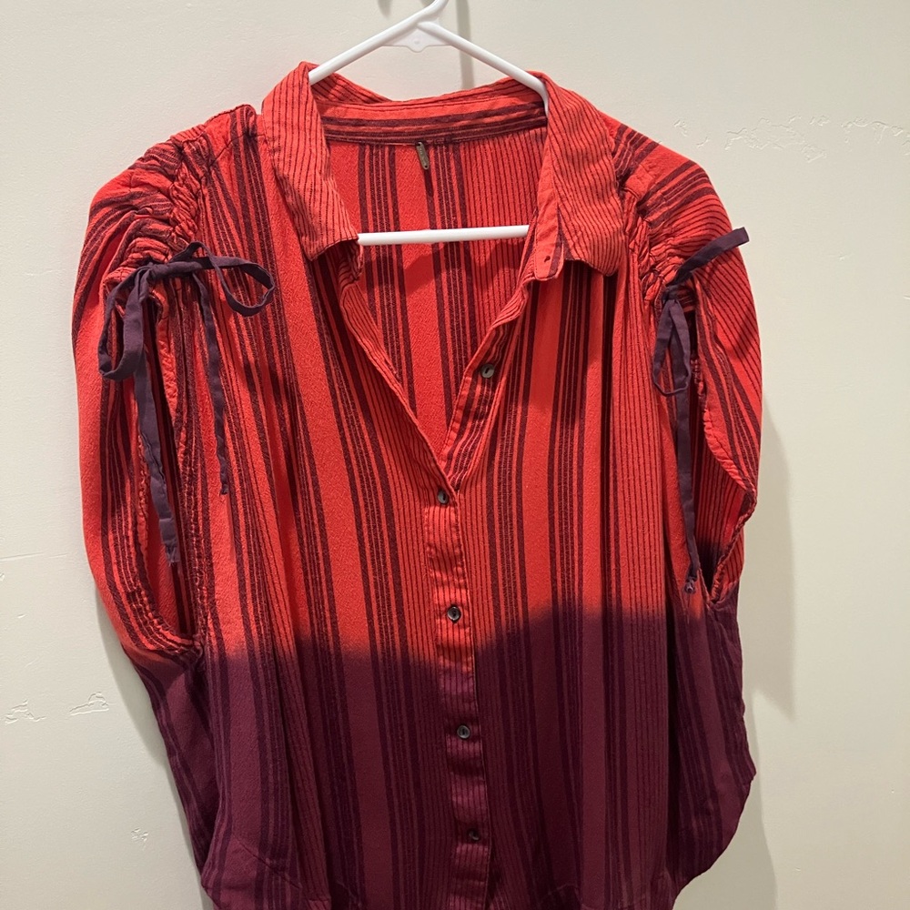 Free People Dip Dye Ombré Red and Burgundy Striped Blouse w/ Bows